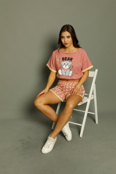 Pijama Toski din bumbac cu imprimeu ursuleti, Roz inchis