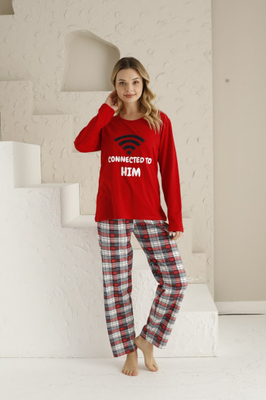 Pijama dama din bumbac,pantaloni lungi bluza cu maneca lunga text WFI