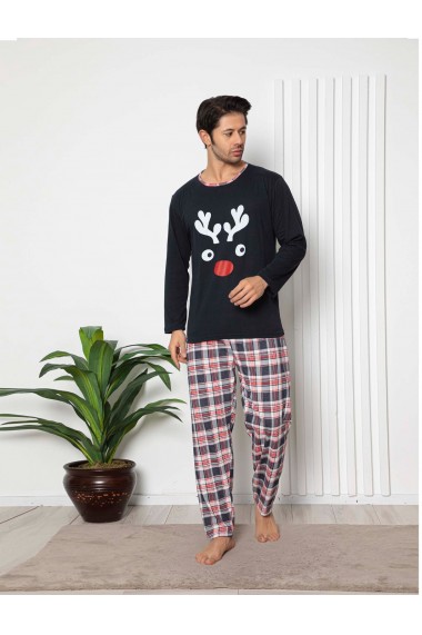 Pijama Toski din bumbac cu model ren, Bleumarin