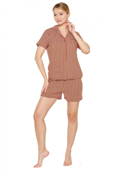 Pijama dama maneca scurta model camasa,pantaloni scurti bordo