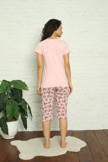 Pijama dama din bumbac,tricou si pantaloni 3/4 roz,panda