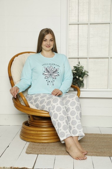 Pijama dama big size din bumbac cu imprimeu lotus flowers