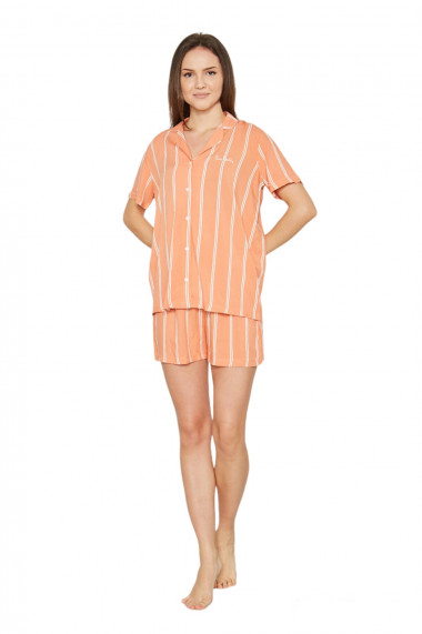 Pijama dama bluza cu maneca scurta model camasa,pantaloni scurti culoare orange