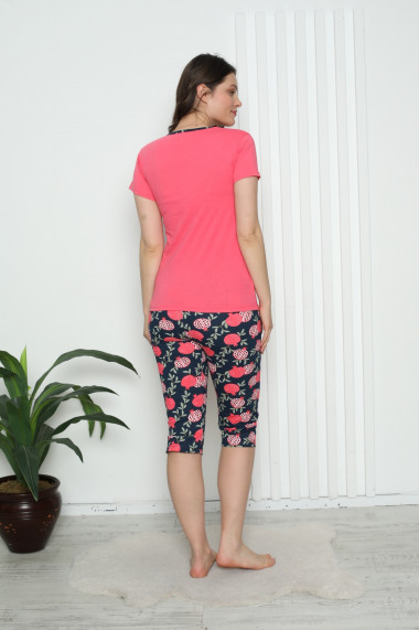 Pijama dama din bumbac,tricou si pantaloni 3/4 roz