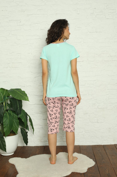 Pijama dama din bumbac,tricou si pantaloni 3/4 Turcoaz,panda
