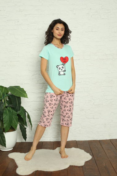 Pijama dama din bumbac,tricou si pantaloni 3/4 Turcoaz,panda