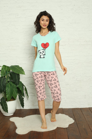 Pijama dama din bumbac,tricou si pantaloni 3/4 Turcoaz,panda