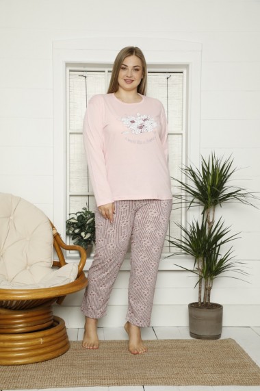 Pijama Toski big size cu imprimeu flori, Roz pudra