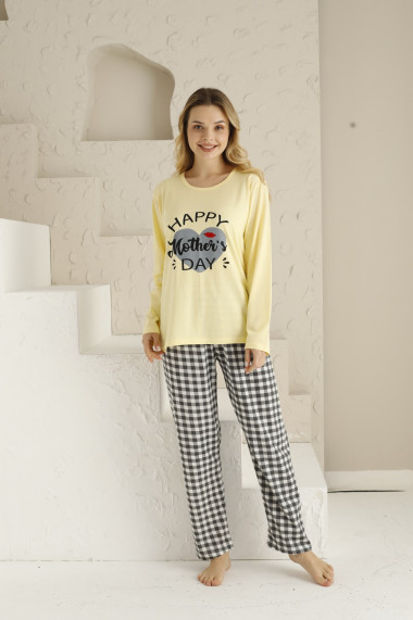 Pijama dama din bumbac,pantaloni lungi bluza cu maneca lunga text Happy