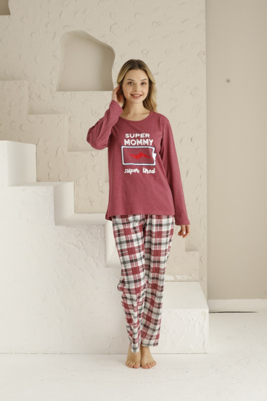 Pijama dama din bumbac,pantaloni lungi bluza cu maneca lunga text super mama
