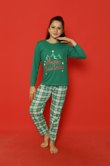Pijama de Craciun fetite, verde imprimeu text Merry Christmas