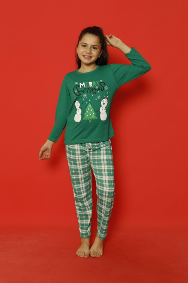 Pijama fetite, pentru Craciun culoare verde, imprimeu om de zapada