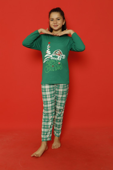 Pijama de Craciun fetite, verde imprimeu text Merry Christmas.