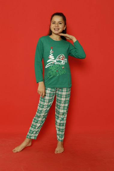 Pijama de Craciun fetite, verde imprimeu text Merry Christmas.