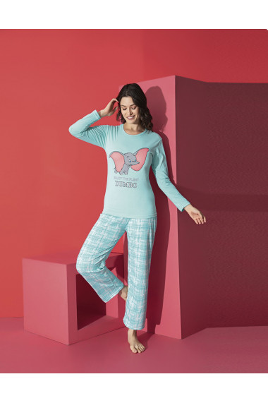 Pijama dama din bumbac, maneca lunga, pantaloni lungi, imprimeu elefant.