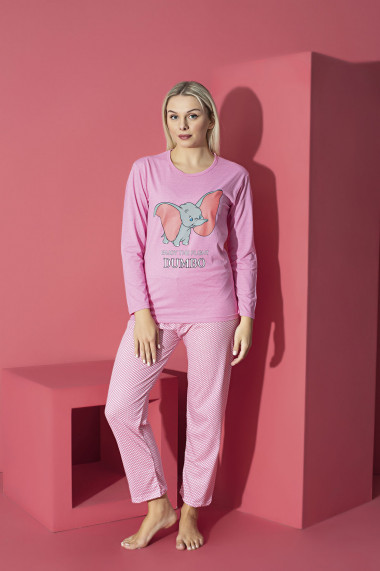 Pijama dama din bumbac , maneca lunga, pantaloni lungi, imprimeu elefant