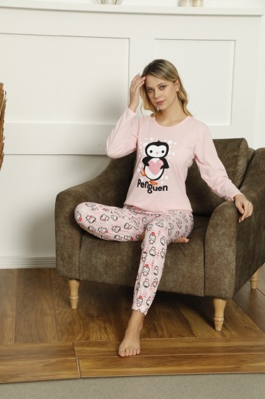 Pijama Toski din bumbac cu imprimeu Pinguin, Roz