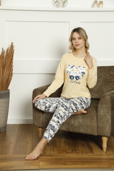 Pijama Toski din bumbac cu imprimeu Cat Family, Galben