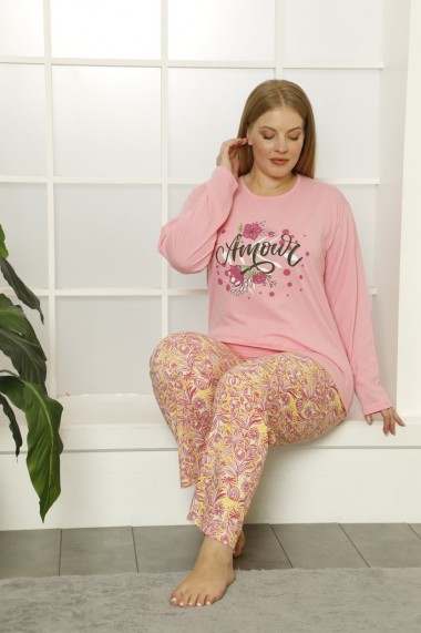 Pijama dama big size din bumbac, cu imprimeu amour/roz