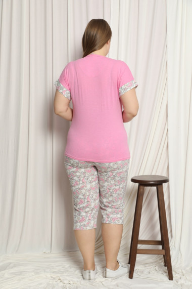 Pijama dama big size din bumbac,pantaloni 3/4,bluza cu maneca scurta