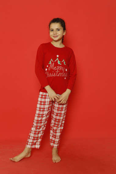 Pijama de Craciun fetite, rosu imprimeu text Merry Christmas