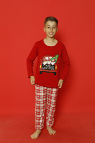 Pijama de Craciun copii, rosu imprimeu mini Mos Craciun