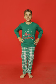 Pijama de Craciun copii, verde imprimeu text Merry Christmas