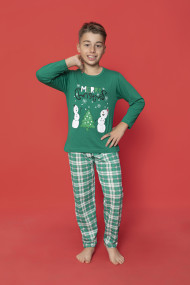 Pijama Copii pentru Craciun,culoare verde, imprimeu Om de zapada