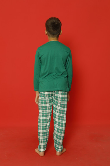 Pijama de Craciun copii, verde imprimeu mini Mos Craciun