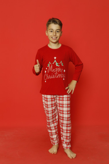 Pijama de Craciun copii, rosu imprimeu text Merry Christmas