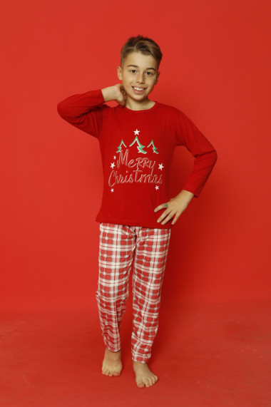 Pijama de Craciun copii, rosu imprimeu text Merry Christmas