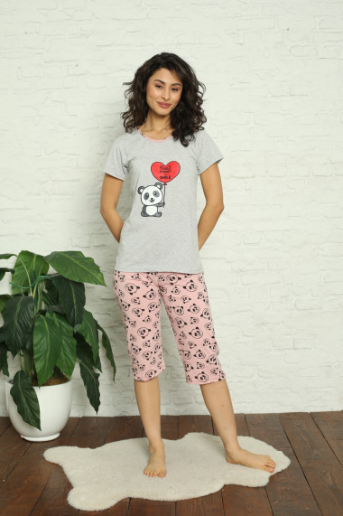 Pijama dama din bumbac,tricou si pantaloni 3/4 gri,panda