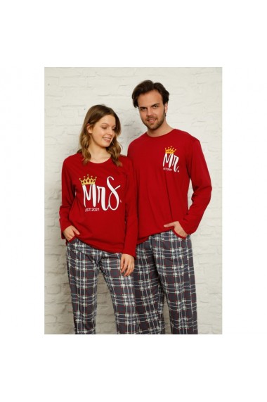 Set pijamale pentru cuplu cu maneca lunga si pantaloni lungi Mr.&Mrs.