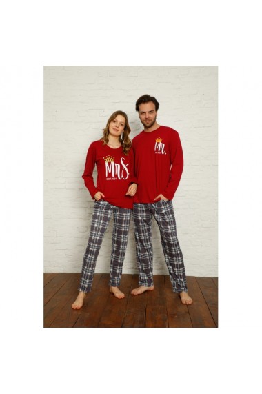 Set pijamale pentru cuplu cu maneca lunga si pantaloni lungi Mr.&Mrs.