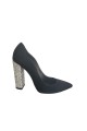 Pantofi stiletto Veronesse cu toc gros de 11 cm din piele naturala neagra cu tocul din glitter argintiu