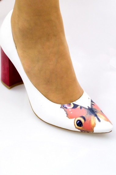 Pantofi cu toc pentru femei Thea Visconti albi cu fluture rosu