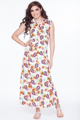 Rochie lunga cu guler si imprimeu floral - orange