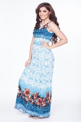 Rochie lunga fara maneci si imprimeu floral - bleu