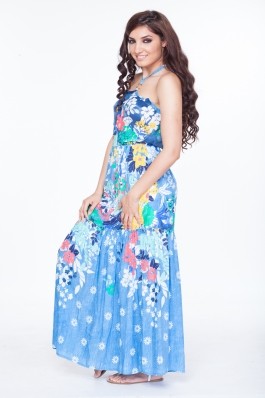 Rochie lunga din bumbac cu imprimeu floral - albastru