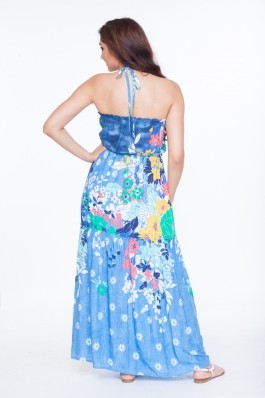 Rochie lunga din bumbac cu imprimeu floral - albastru