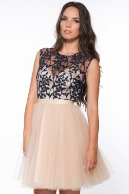 Rochie din broderie si tulle - bleumarin/creme