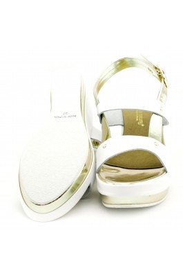 Sandale La Compania Natural albe, din piele naturala si material sintetic, cu toc de 7 cm