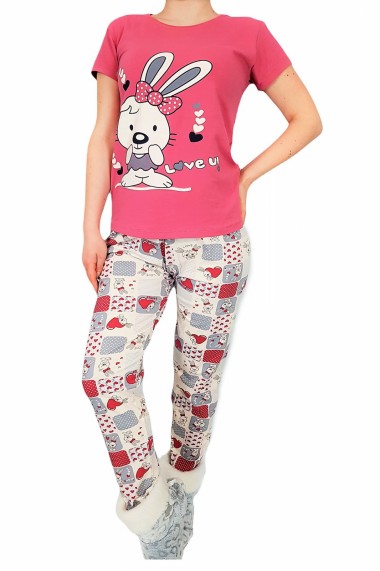 Pijama dama bumbac confortabila cu imprimeu Iepuras Roz lila