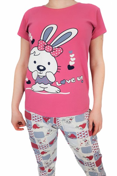 Pijama dama bumbac confortabila cu imprimeu Iepuras Roz lila