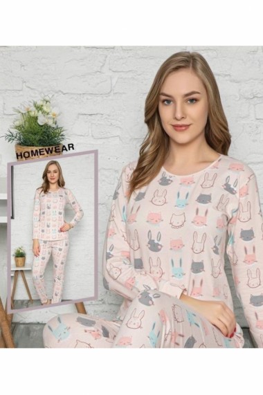 Pijama dama bumbac confortabila cu imprimeu Iepurasi  Bej