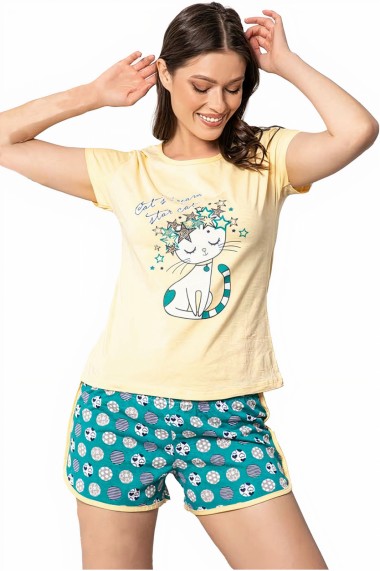 Pijama dama bumbac confortabila maneci scurte imprimeu Star Cat Galben