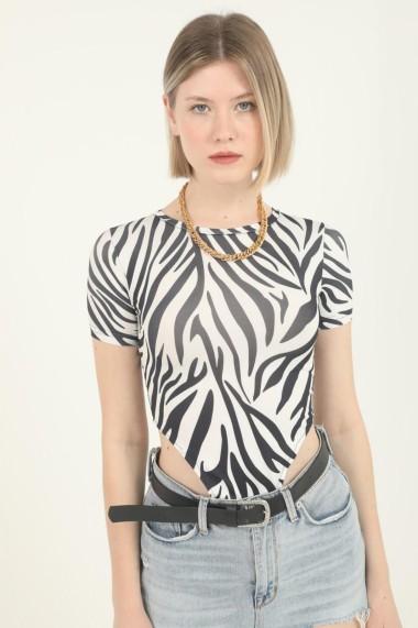 Body dama imprimeu Animal print-Zebra cu maneca scurta top elastic Alb/Negru
