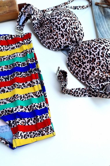 Costum de baie dama 2 piese sutien reglabil snur cu push-up slip clasic imprimeu Animal print Maro