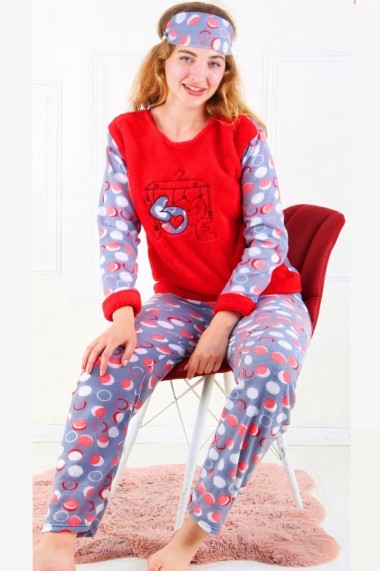 Pijama dama cocolino pufoasa cu imprimeu Love Rosu
