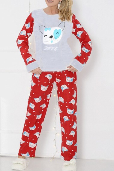 Pijama dama cocolino pufoasa cu imprimeu Pisicuta love Rosu/Gri